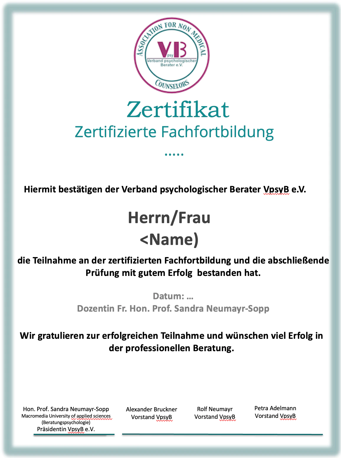 Musterzertifikat VpsyB Fachfortbildung